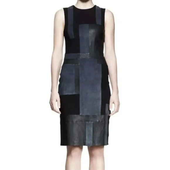 NEW A.L.C. Leather Suede Patchwork Black Dress Midi Sheath Dress Size 4 - Picture 1 of 9